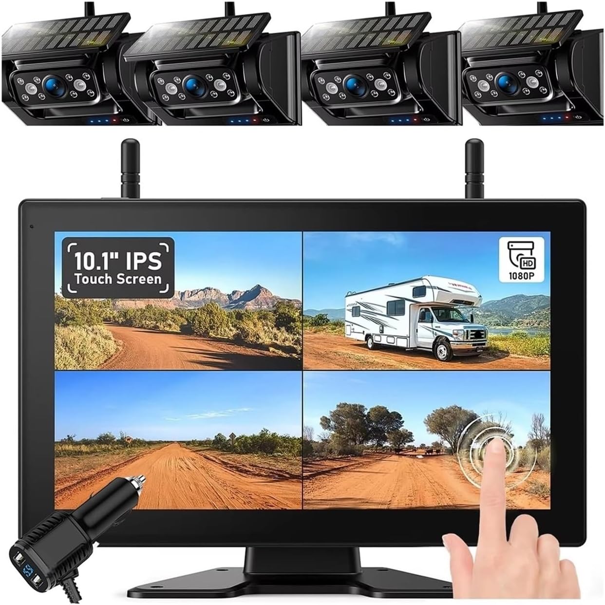 Truck HD 1080P 10.1 Inch Touchscreen DVR Monitor with Solar Magnetic Wireless Backup Camera for Car Truck Trailer Canvan(4 Cameras Kit)