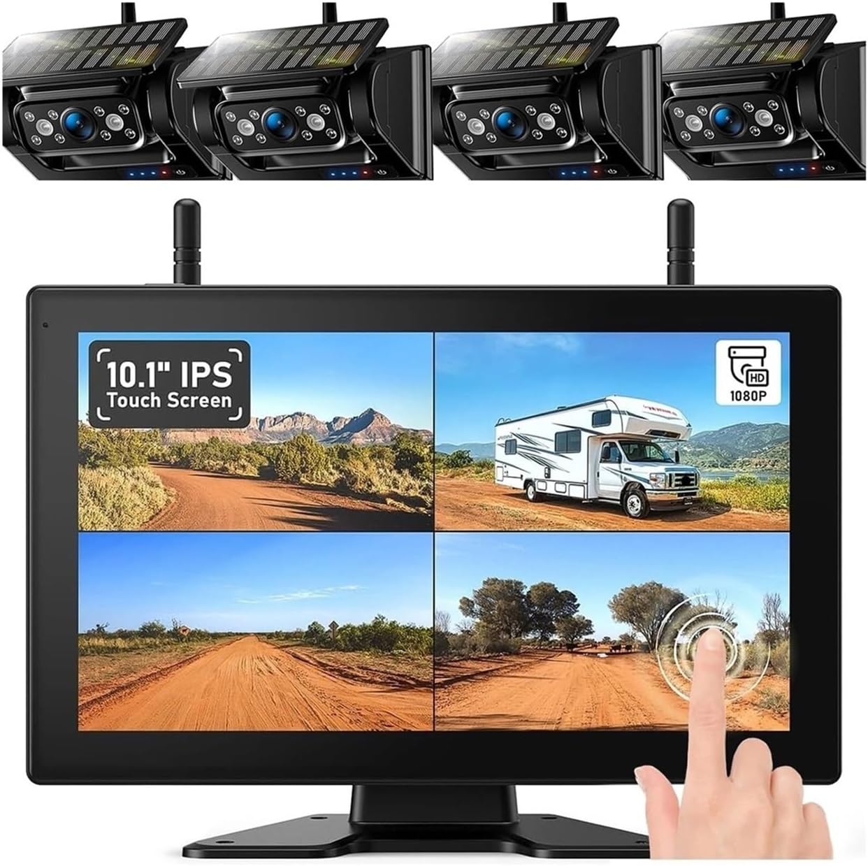 Truck HD 1080P 10.1 Inch Touchscreen DVR Monitor with Solar Magnetic Wireless Backup Camera for Car Truck Trailer Canvan(4 Cameras Kit)