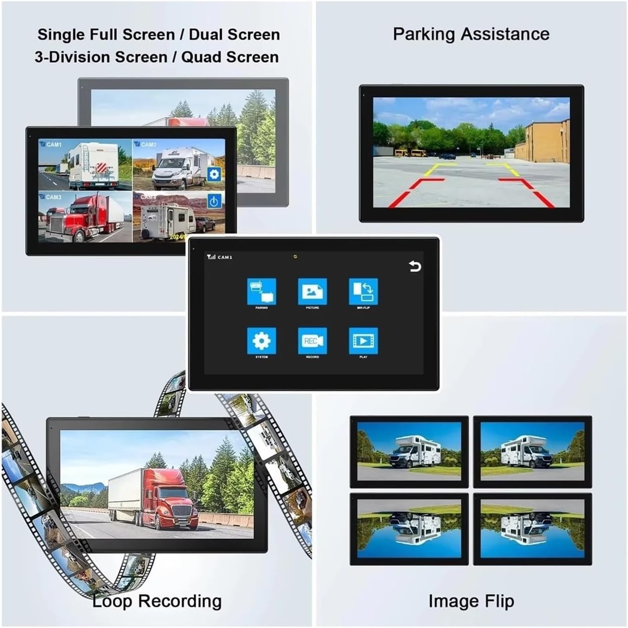 Truck HD 1080P 10.1 Inch Touchscreen DVR Monitor with Solar Magnetic Wireless Backup Camera for Car Truck Trailer Canvan(4 Cameras Kit)