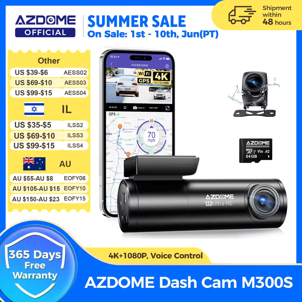 AZDOME M300S 4K Dash Cam Front and Rear